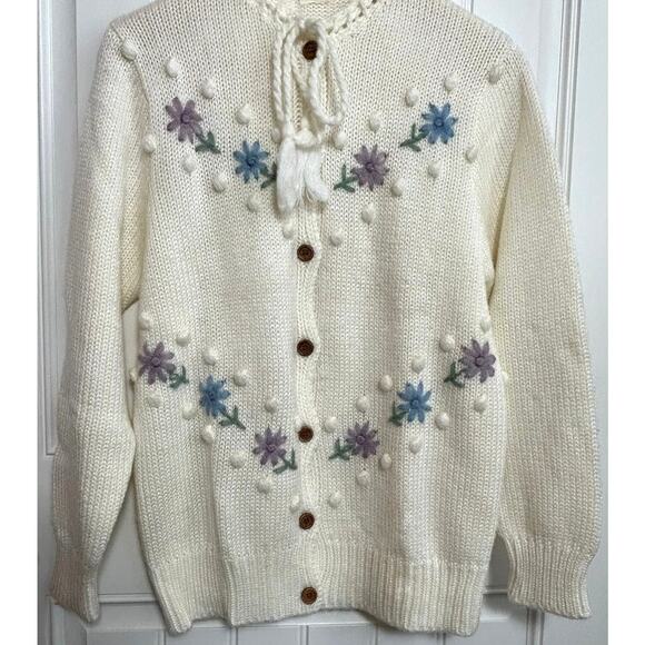 Vintage Floral Embroidered Cardigan Cream L/XL 3D Flowers Cottagecore Tie Neck - Picture 15 of 16